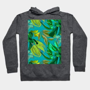 Blooming tropical flowers and leaves pattern floral illustration, green turquoise tropical pattern over a Hoodie